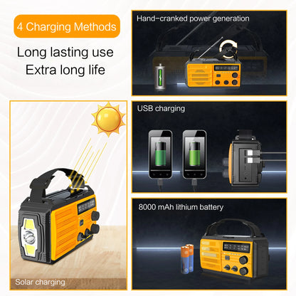 AM/FM/WB Reception Emergency Flashlight, Hand Crank and Solar Charging, USB-C Power Supply, SOS Siren, Mobile Power Supply