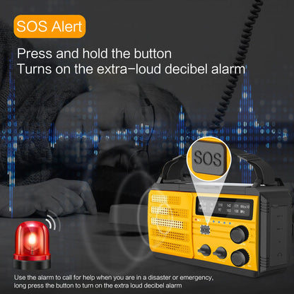 AM/FM/WB Reception Emergency Flashlight, Hand Crank and Solar Charging, USB-C Power Supply, SOS Siren, Mobile Power Supply