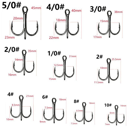 10 anzuelos triples de acero con alto contenido de carbono de color negro