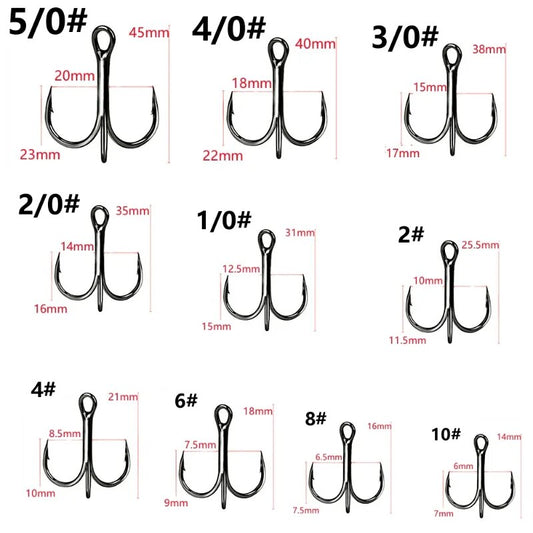 10 anzuelos triples de acero con alto contenido de carbono de color negro